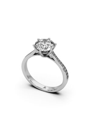 Just Brilliant round lab grown diamond pavé ring in 18K white gold featuring a 1.40 ct round center stone with lab grown side stones