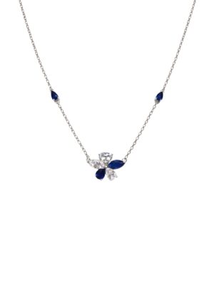 Just Brilliant L’Amour sapphire and lab created diamond necklace in 18K white gold featuring 1.80 ct lab created white diamonds and 1.00 ct grown sapphire in a floral motif