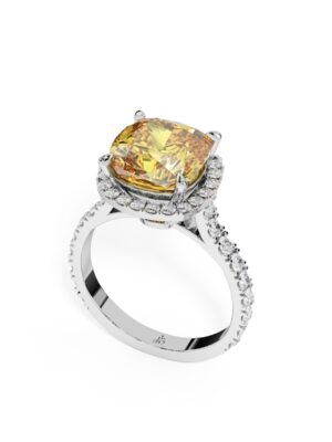 Just Brilliant Soleil Halo Ring in 18K white gold featuring a 5.09 ct natural citrine surrounded by 0.54 ct lab grown diamond side stones