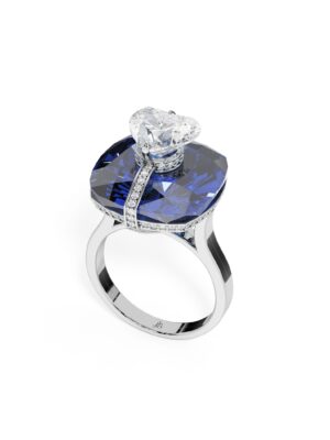 Just Brilliant Monte Carlo ring in 18k white gold featuring 11.5ct lab grown sapphire and 1.3ct lab created diamond with pavé setting on a pure white background