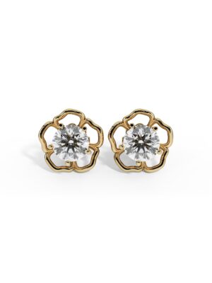 Just Brilliant Garden Rose lab created diamond earrings in 18K yellow gold featuring two 1.00 ct round lab created diamonds in an open floral setting
