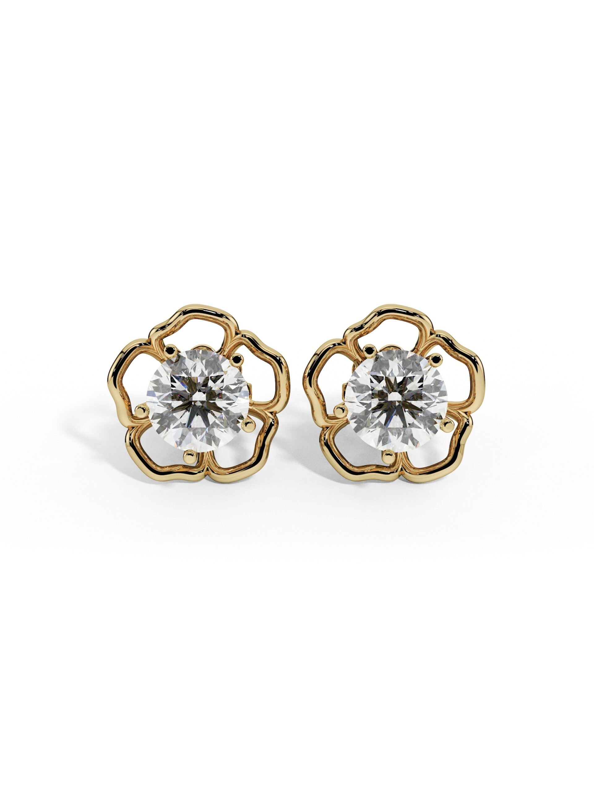 Just Brilliant Garden Rose lab created diamond earrings in 18K yellow gold featuring two 1.00 ct round lab created diamonds in an open floral setting
