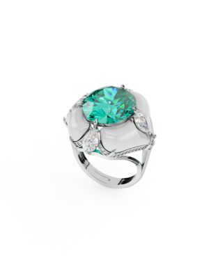 White gold ring with oval green lab grown Zambian emerald center, surrounded by mother of pearl and lab created diamonds in a sculptural floral design on white background