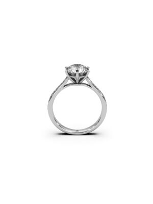 Just Brilliant round lab grown diamond pavé ring in 18K white gold featuring a 1.40 ct round center stone with lab grown side stones