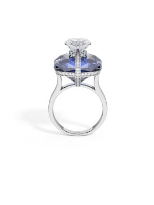 Just Brilliant Monte Carlo ring in 18k white gold featuring 11.5ct lab grown sapphire and 1.3ct lab created diamond with pavé setting on a pure white background