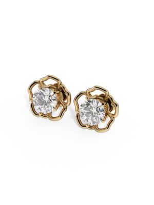 Just Brilliant Garden Rose lab created diamond earrings in 18K yellow gold featuring two 1.00 ct round lab created diamonds in an open floral setting