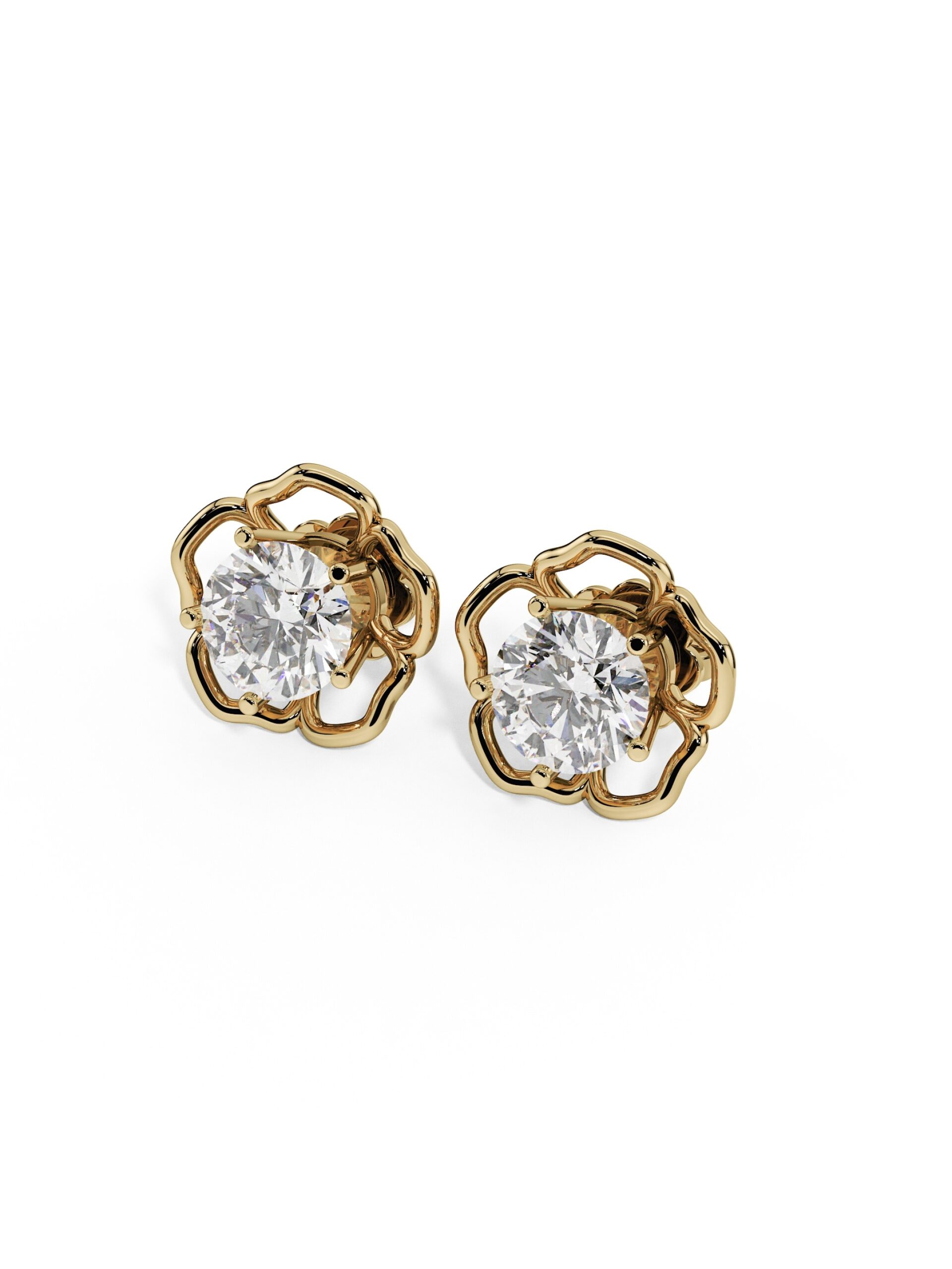 Just Brilliant Garden Rose lab created diamond earrings in 18K yellow gold featuring two 1.00 ct round lab created diamonds in an open floral setting