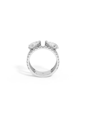 Just Brilliant Duet Pear Lab Grown Diamond Ring in 18K white gold featuring two pear shaped lab grown diamonds totaling 2.02 carats and a pavé diamond band