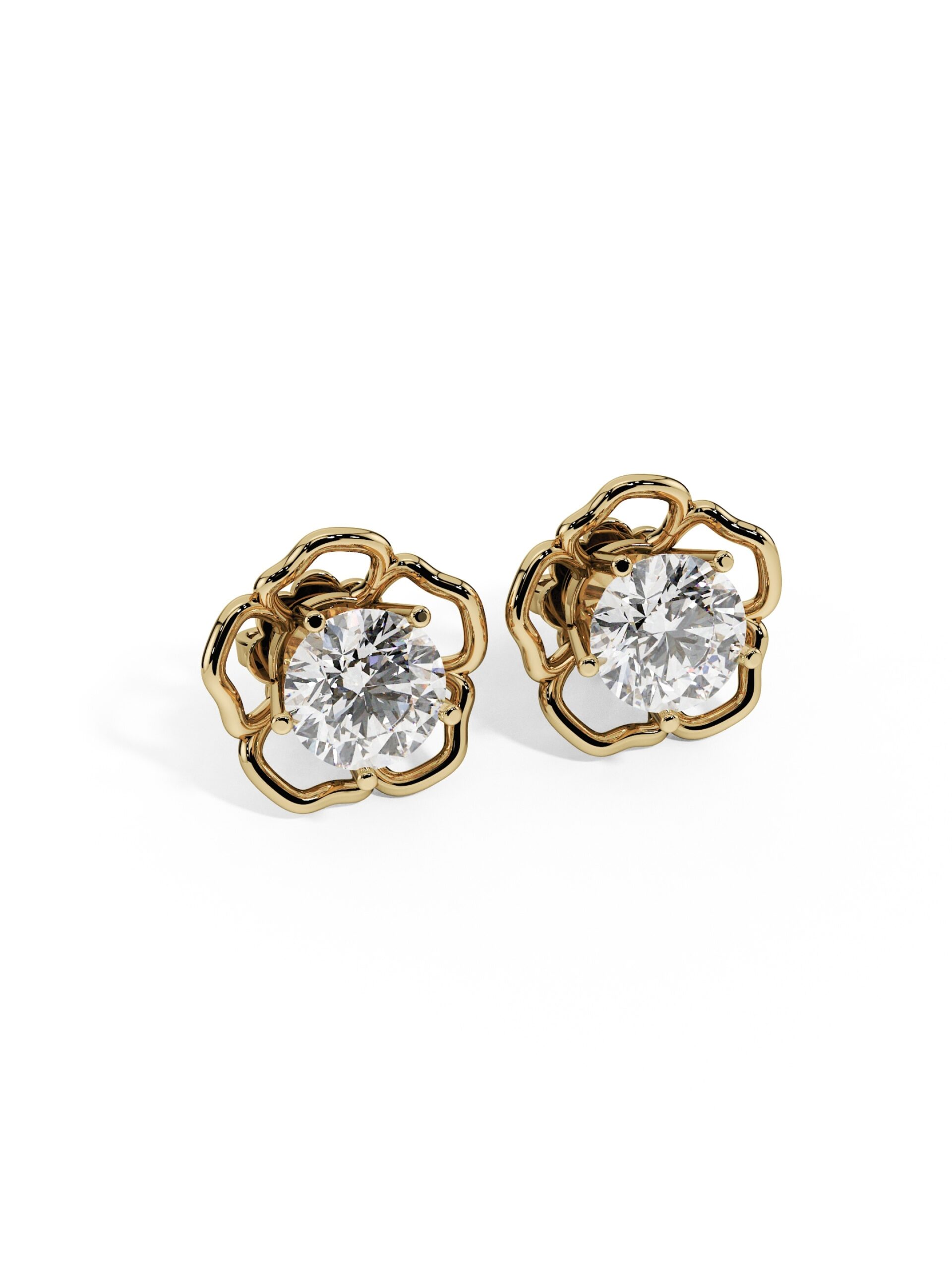 Just Brilliant Garden Rose lab created diamond earrings in 18K yellow gold featuring two 1.00 ct round lab created diamonds in an open floral setting