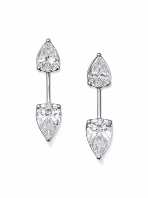 Just Brilliant Pear Arrow Earrings in 18K white gold featuring pear shaped lab grown diamonds totaling 3.20 carats in a directional drop design