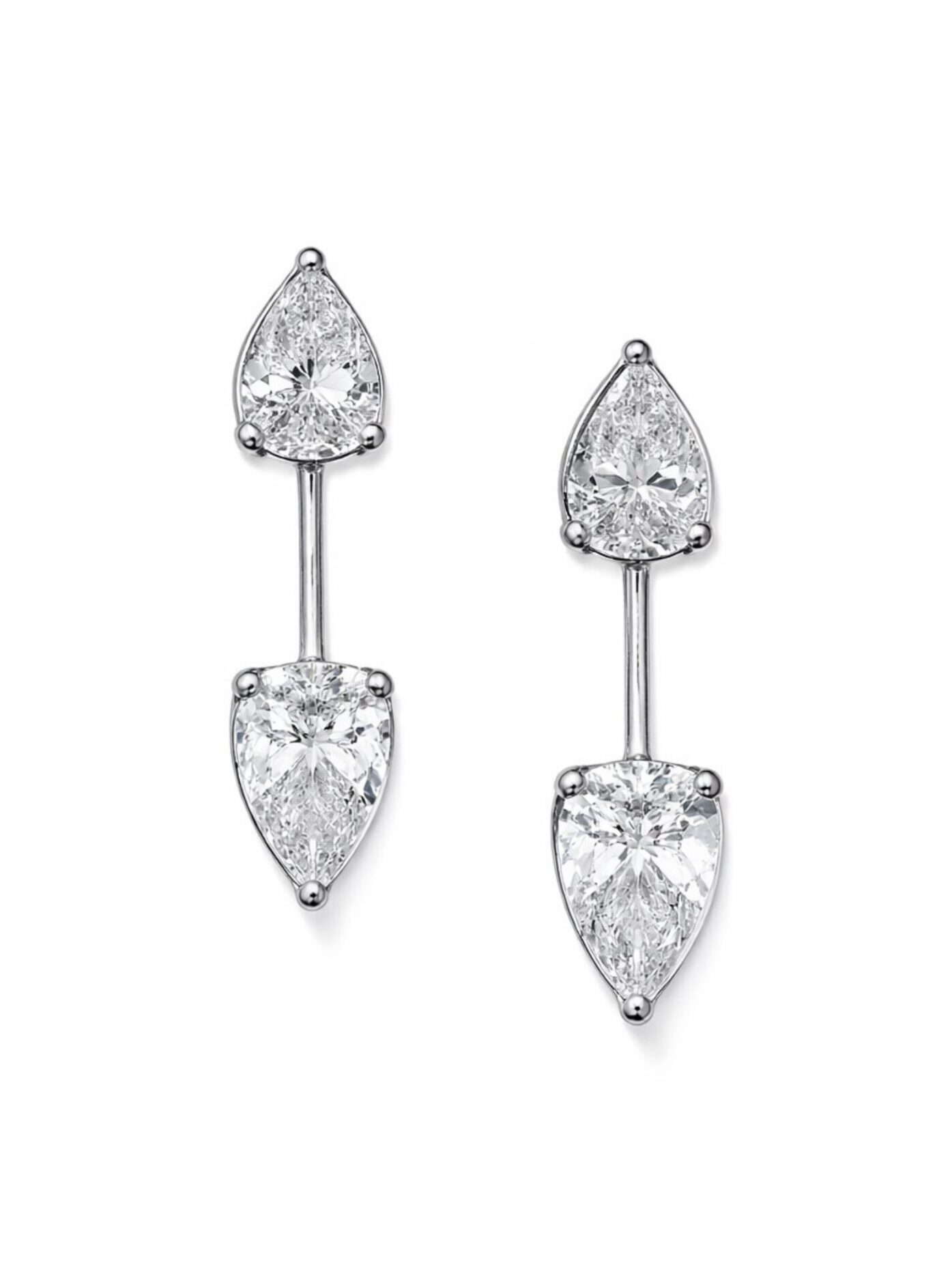 Just Brilliant Pear Arrow Earrings in 18K white gold featuring pear shaped lab grown diamonds totaling 3.20 carats in a directional drop design