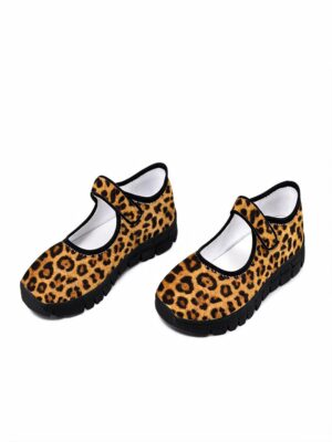 Rich and Rich Brown Animal Print Women’s Mary Jane’s with leopard-style print, black trim, Velcro strap, and lightweight black EVA sole.