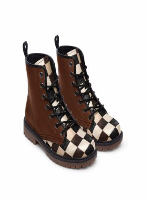 Pair of brown and checkered boots on a white background