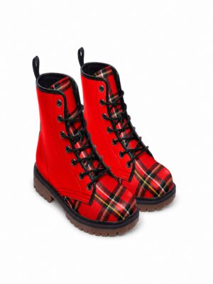 Rich and Rich Red Checkered Men’s Leather Boot with faux leather upper, lace-up front, padded collar, and rubber sole.
