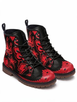 Rich and Rich Graffiti Redtip Men’s Leather Boots with faux leather upper, lace-up front, padded collar, and rubber sole.