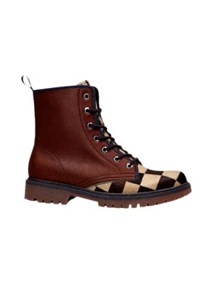 Brown and checkered boot on a white background.