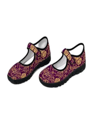 Rich and Rich Purple Feng Shui Women’s Mary Jane’s with purple artistic design, breathable mesh upper, Velcro strap, and black EVA sole.