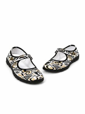 Rich and Rich Black Gold Street Art Women’s Mary Jane’s with black and gold patterned upper, Velcro strap, black trim, and EVA sole.