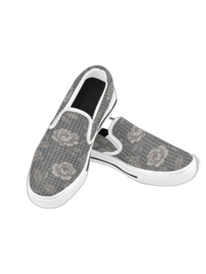 Gray floral plaid men’s slip-on canvas shoes with white trim, white rubber sole, and black elastic side goring.