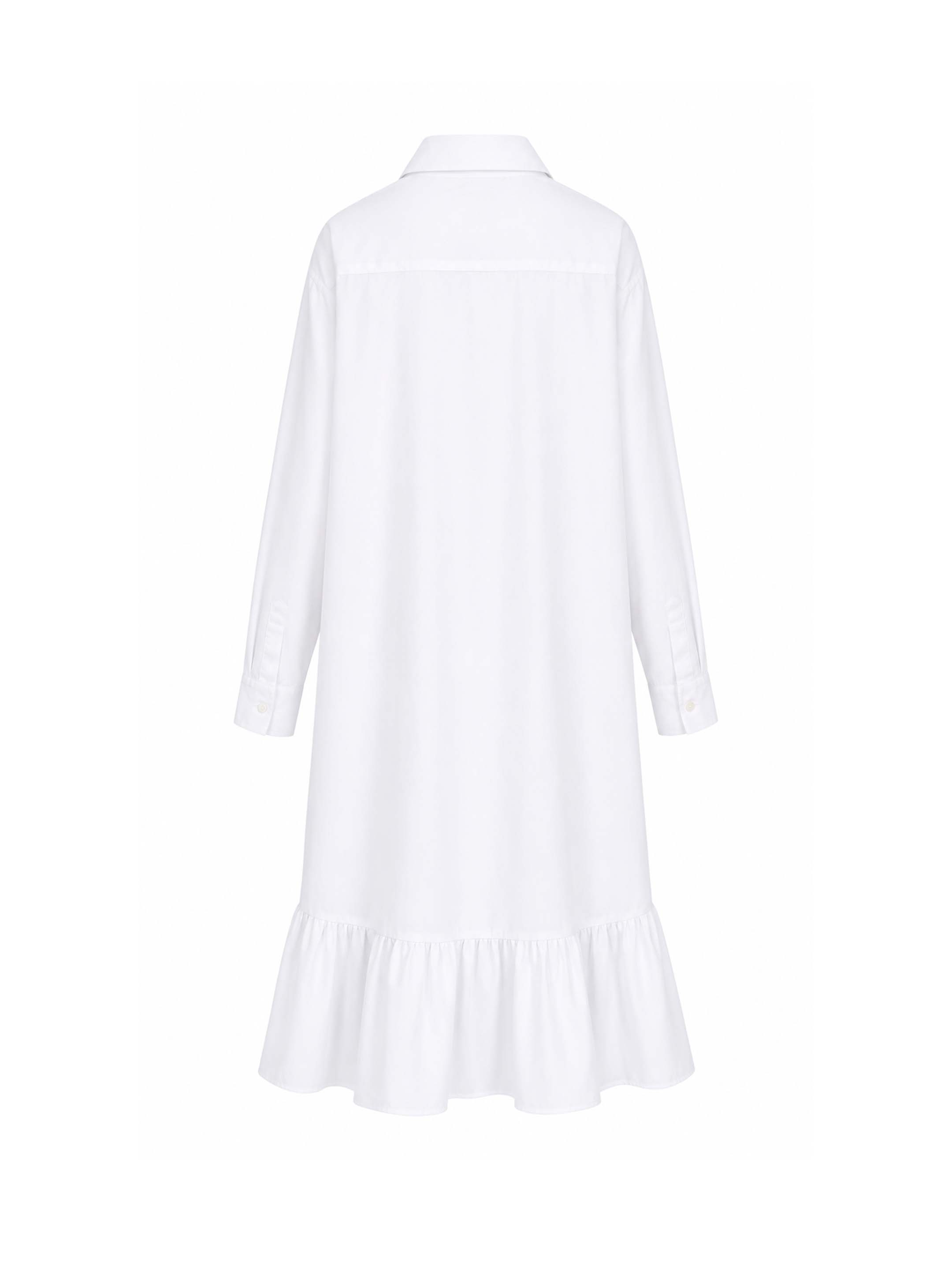 White Button down cotton dress with long sleeves and a ruffle hem.