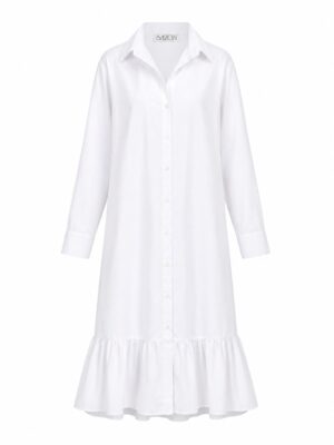 White Button down cotton dress with long sleeves and a ruffle hem.