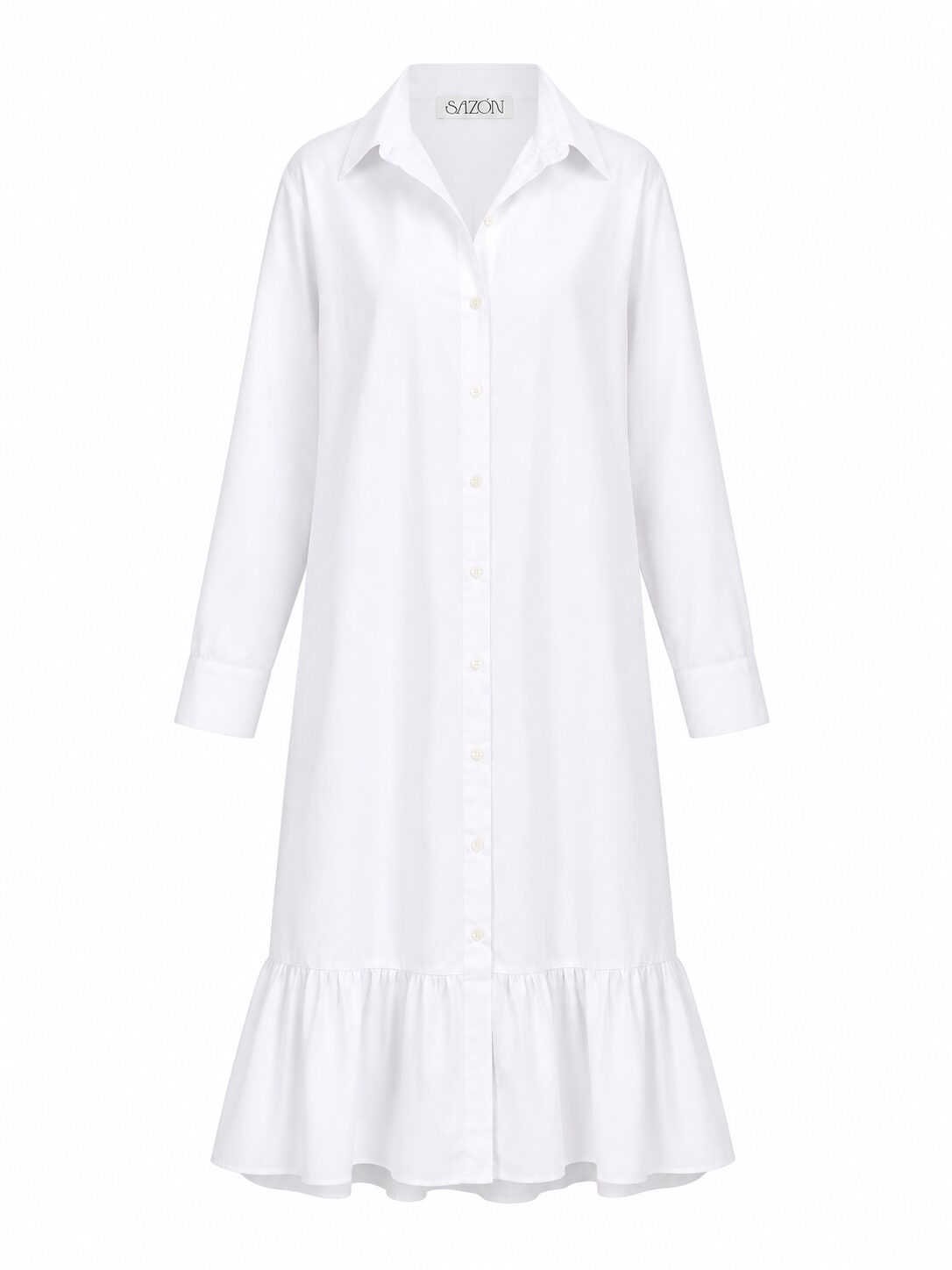 White Button down cotton dress with long sleeves and a ruffle hem.