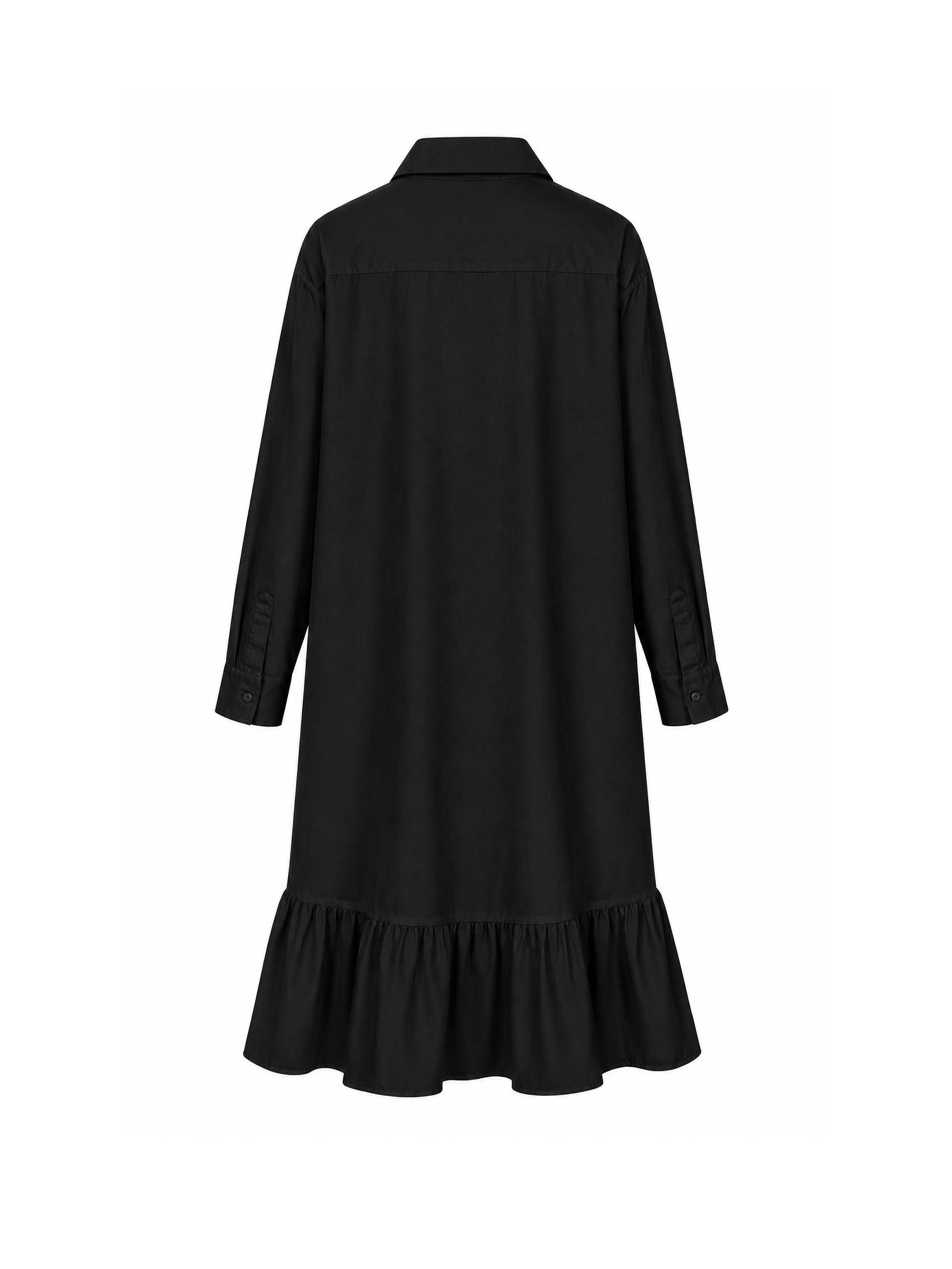 Black Button down cotton dress with long sleeves and a ruffle hem.