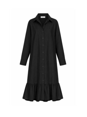 Black Button down cotton dress with long sleeves and a ruffle hem.