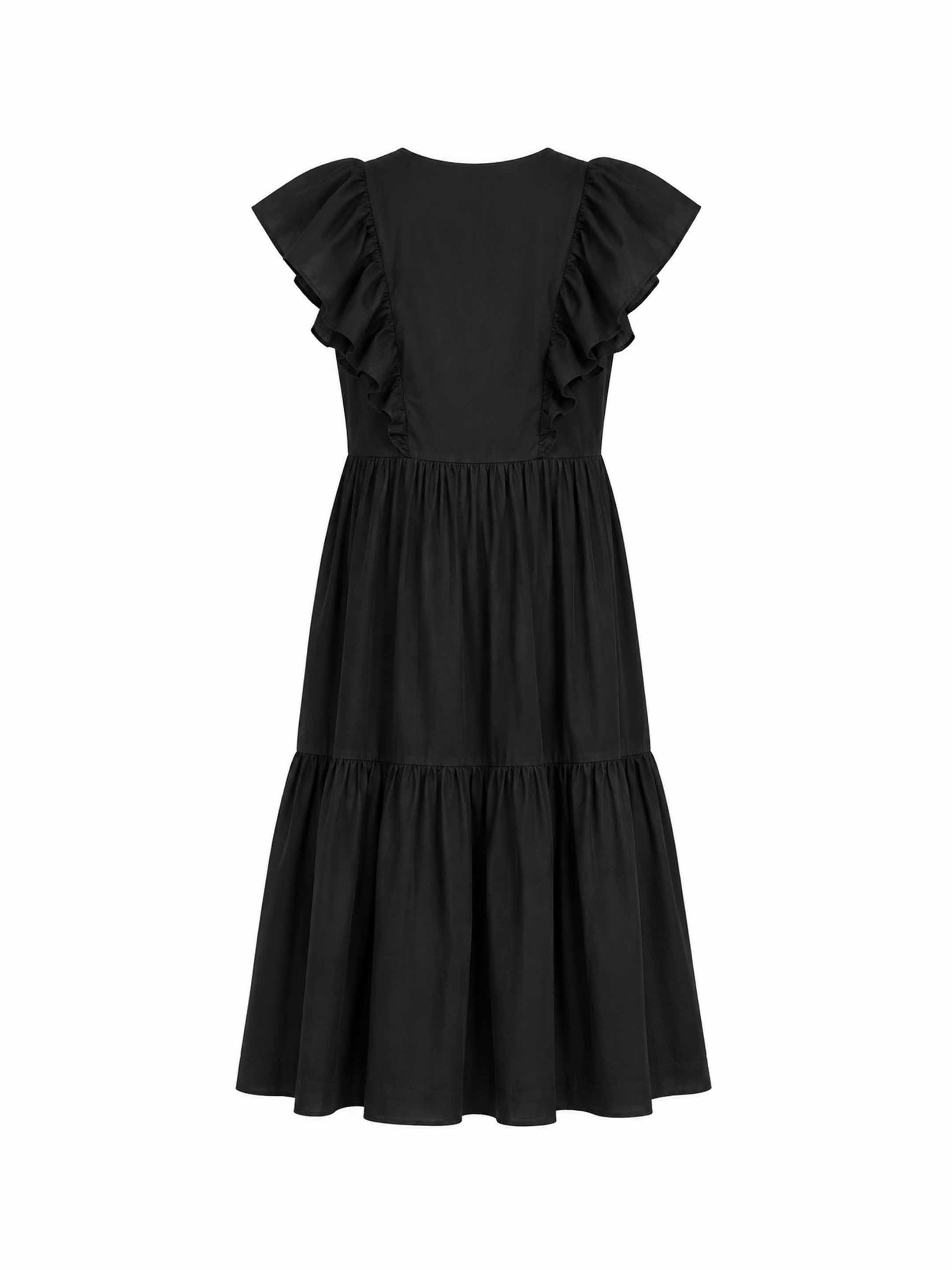 Black 100% cotton midi dress wit center front button placket and a soft V neckline. It features a tall ruffle at the bottom hem and pintucks along the front panels. It has cascading ruffles at front and back that covers the shoulders.