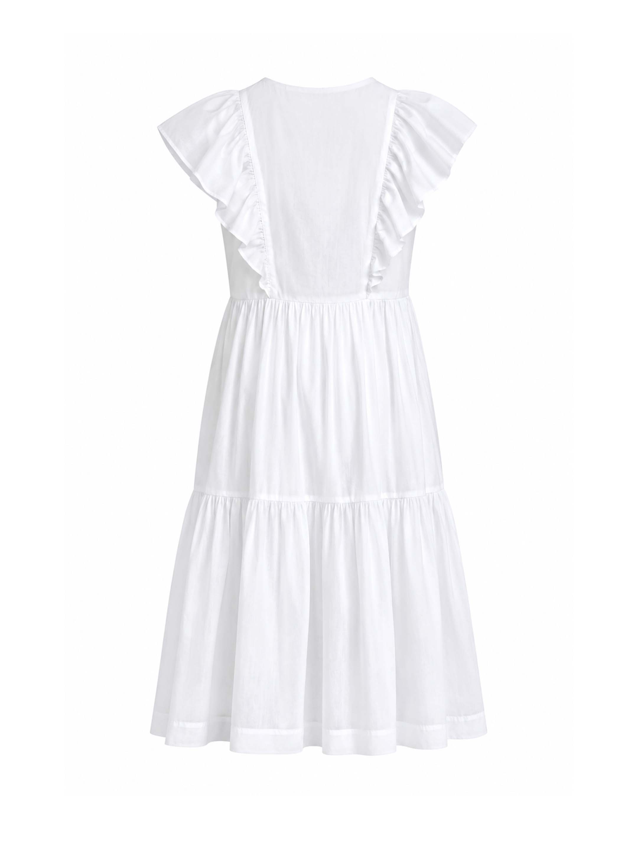 White 100% cotton midi dress wit center front button placket and a soft V neckline. It features a tall ruffle at the bottom hem and pintucks along the front panels. It has cascading ruffles at front and back that covers the shoulders.