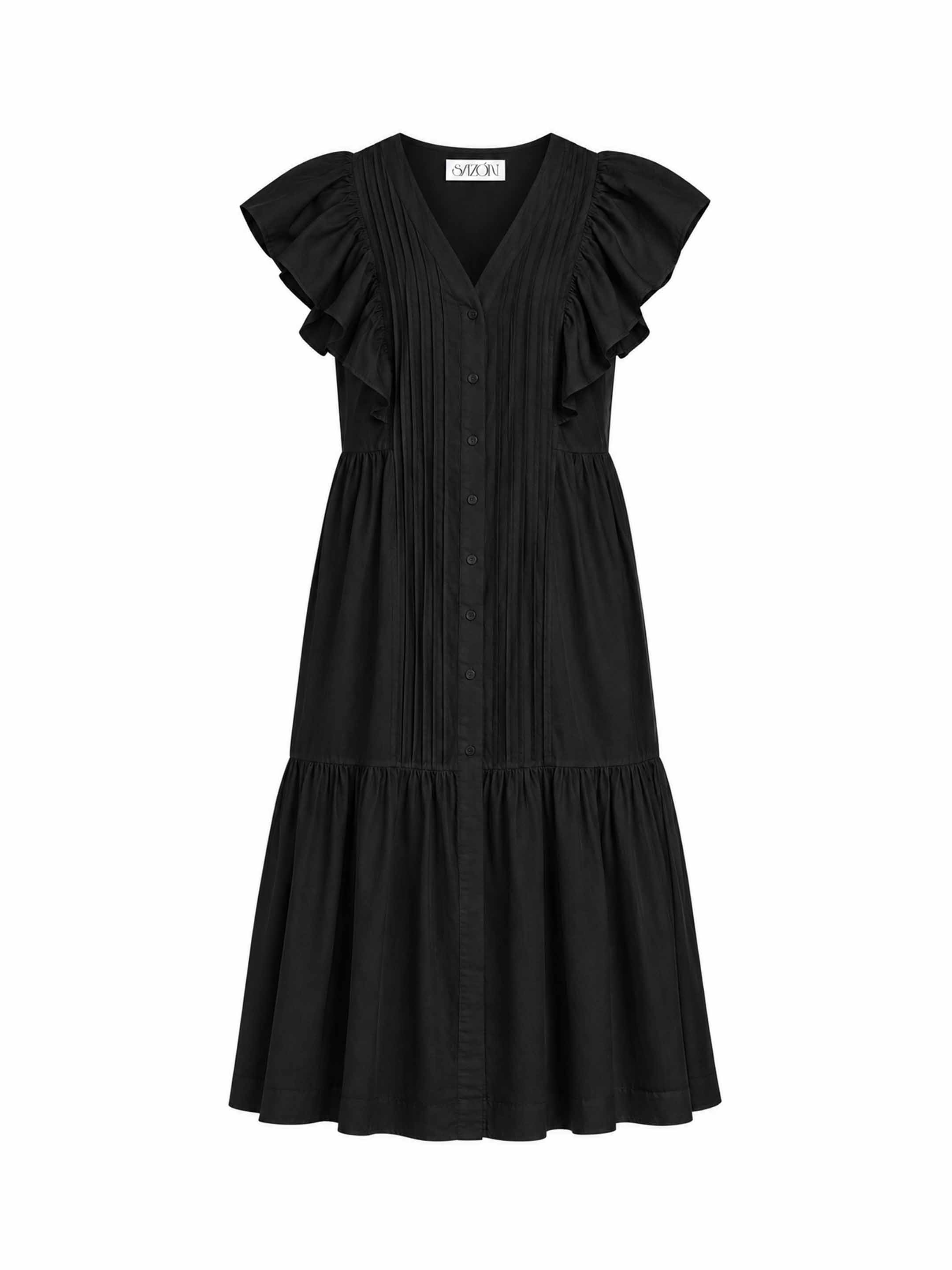 Black 100% cotton midi dress wit center front button placket and a soft V neckline. It features a tall ruffle at the bottom hem and pintucks along the front panels. It has cascading ruffles at front and back that covers the shoulders.