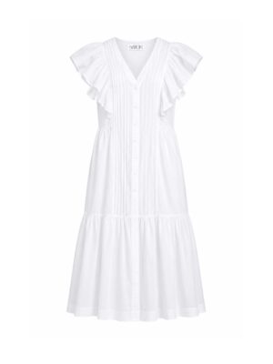 White 100% cotton midi dress wit center front button placket and a soft V neckline. It features a tall ruffle at the bottom hem and pintucks along the front panels. It has cascading ruffles at front and back that covers the shoulders.