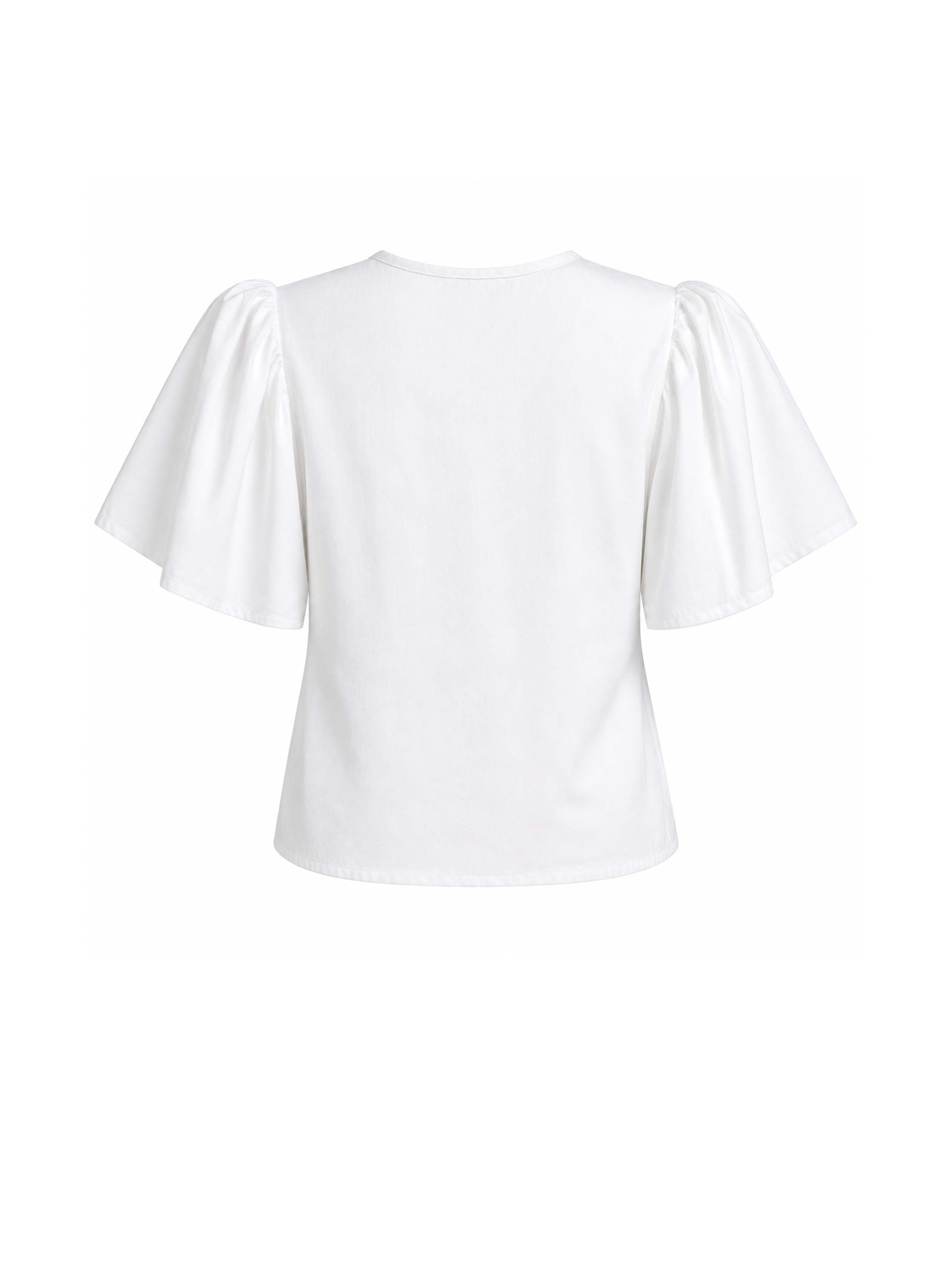 White cotton twill top with center tie closure and pintucks. This top features flutter sleeves at elbow length. It could be worn as a top or as an overpiece.