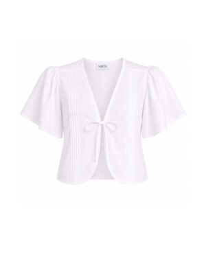 White cotton twill top with center tie closure and pintucks. This top features flutter sleeves at elbow length. It could be worn as a top or as an overpiece.