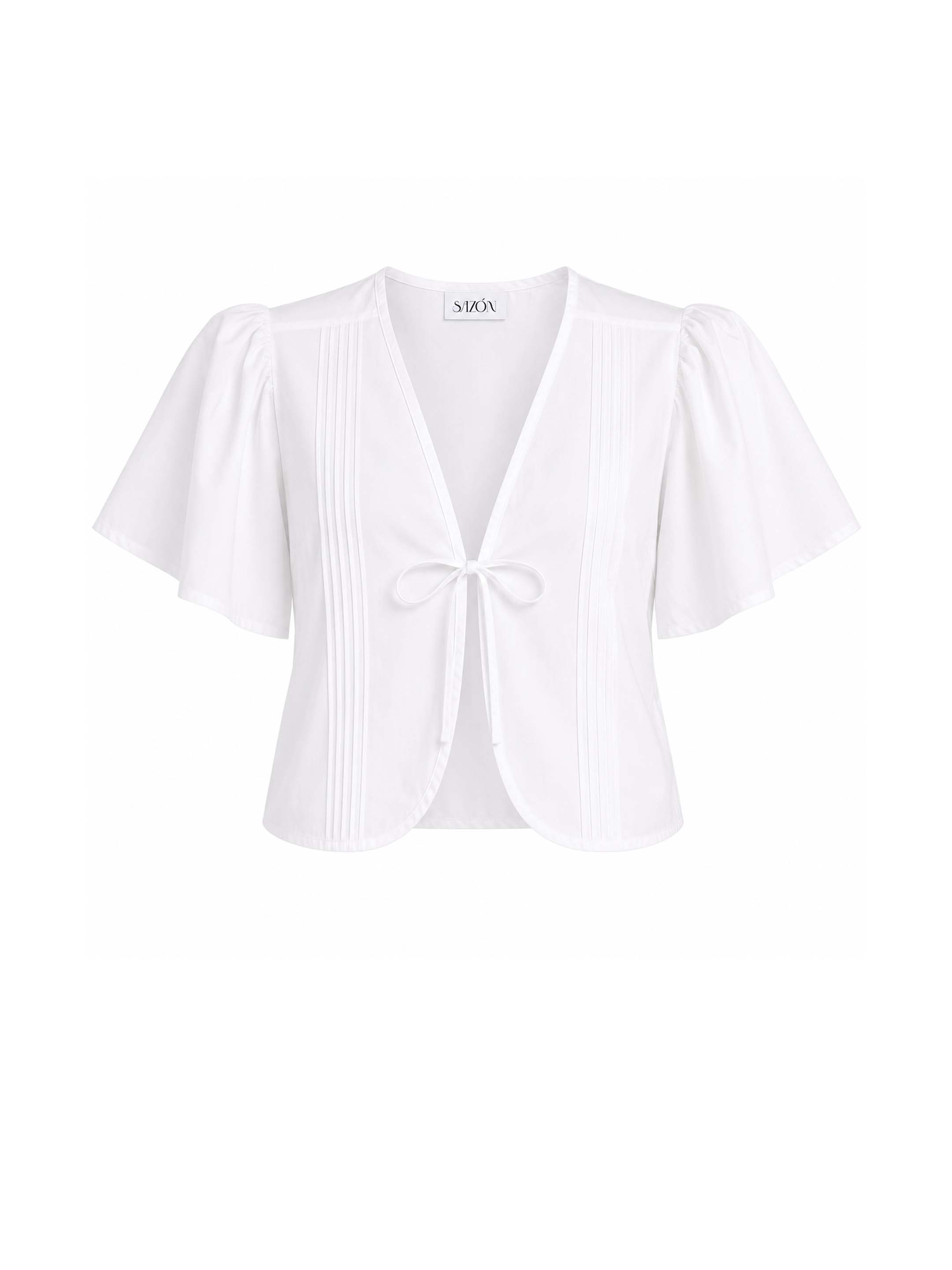 White cotton twill top with center tie closure and pintucks. This top features flutter sleeves at elbow length. It could be worn as a top or as an overpiece.
