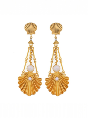 Tania Claire Australia Emma gold shell drop earrings with pearl details. Statement mermaid-inspired design.