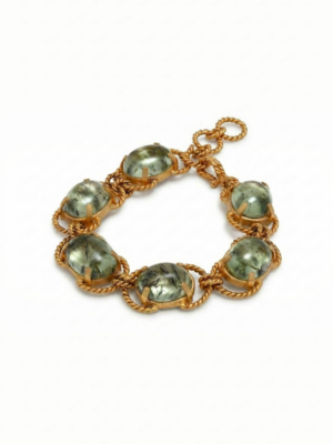 Tania Claire Australia Holly Gemstone Twist Bracelet with cabochon cut green and black gemstones, gold plating, and twisted rope chain.