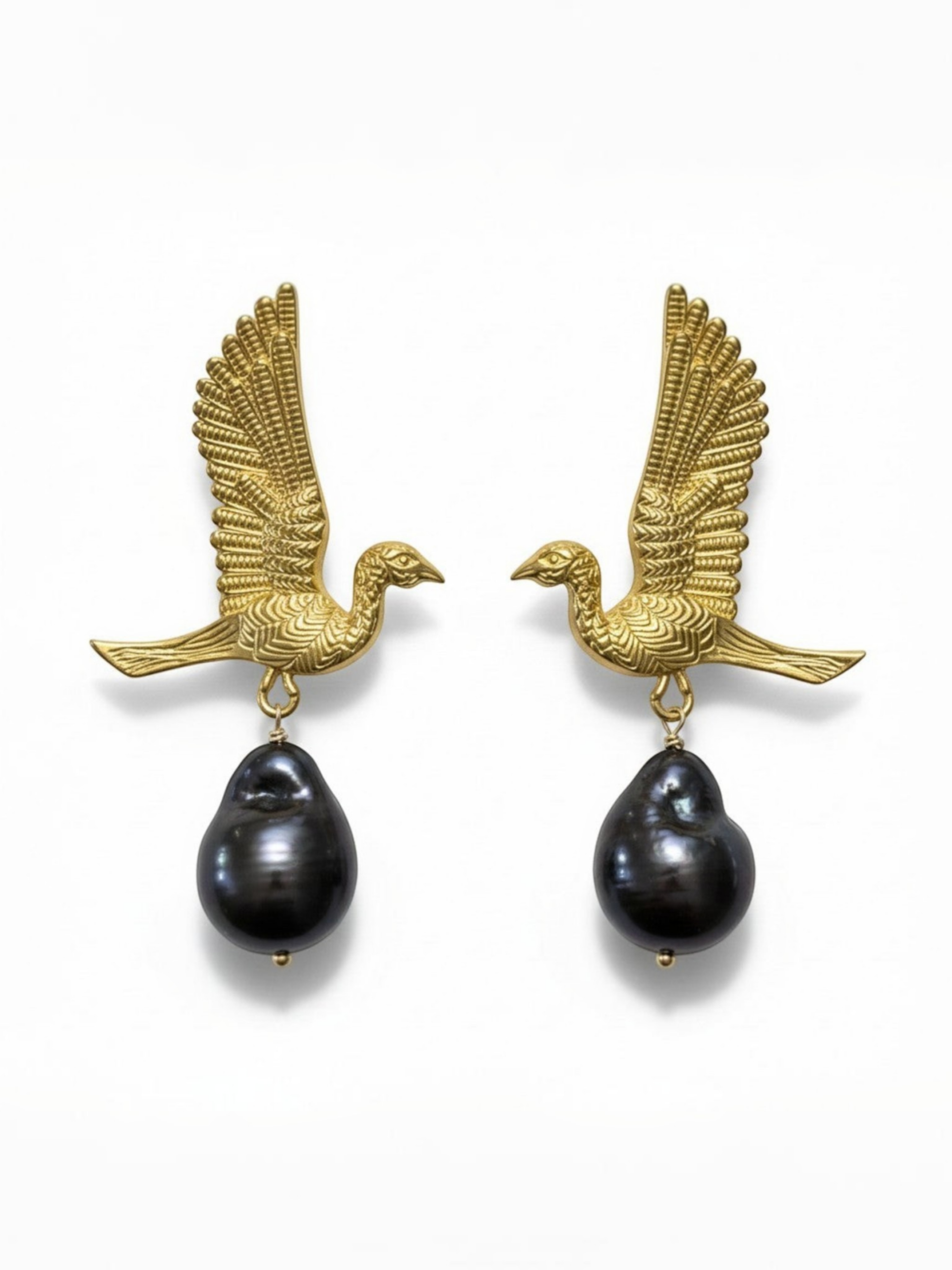 Tania Claire Australia gold-tone winged bird earrings with black baroque pearl drops. Sculptural, statement jewellery.