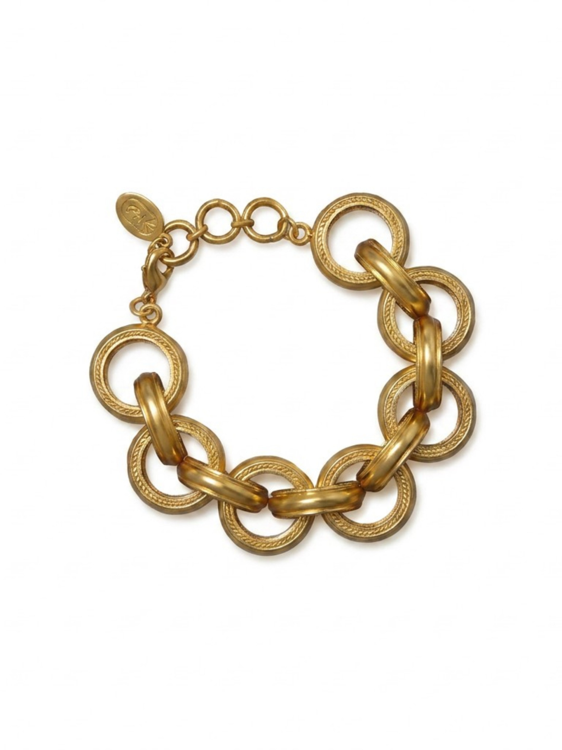 Tania Claire Australia gold link bracelet with alternating smooth and textured interlocking rings, lobster clasp, and extension chain.