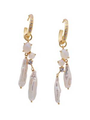 Gold drop earrings featuring pavé crystal huggie hoops with cascading opal-toned stones, cubic zirconia accents and elongated freshwater baroque pearl drops. The asymmetrical pearl arrangement creates elegant movement with a soft luminous finish against a neutral background.