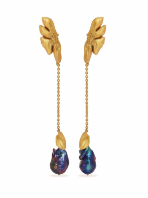 Tania Claire Australia Iridesca baroque pearl drop earrings with gold botanical elements and chain.