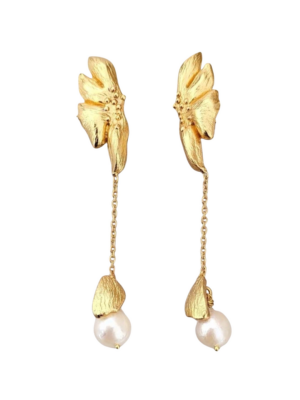 A pair of gold-plated brass earrings with freshwater pearls, featuring a floral design on a white background.
