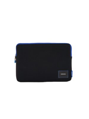 Three-quarter view of black neoprene laptop sleeve with cobalt-blue zipper trim