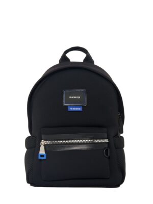 Black neoprene mini backpack, front view, with maisonje logo patch and cobalt-blue zipper puller