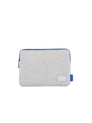 Front view of grey neoprene laptop sleeve with cobalt-blue zipper trim and maisonje logo patch