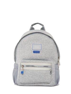 Front view of grey neoprene mini backpack with maisonje logo patch and cobalt-blue zipper puller