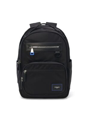 Front view of black Everyday Backpack showing layered front zip pockets, maisonje logo patch, and cobalt-blue zipper puller