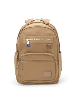 Front view of beige Everyday Backpack showing layered front zip pockets, maisonje logo patch, and cobalt-blue zipper puller