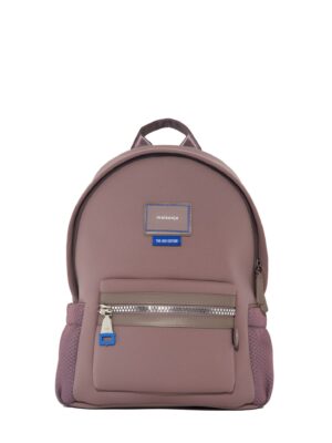 Front view of mauve neoprene mini backpack with cobalt-blue zipper puller and bow accessory