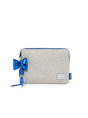 Grey neoprene laptop sleeve with cobalt-blue ribbon keyring accessory attached to zipper
